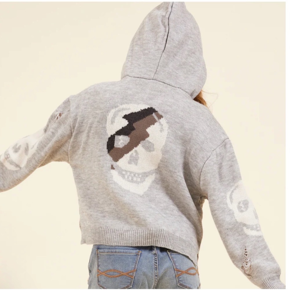 Vintage Havana HEATHER GRAY SWEATER HOODIE Distressed/Rips SKULL LIGHTNING sz S
